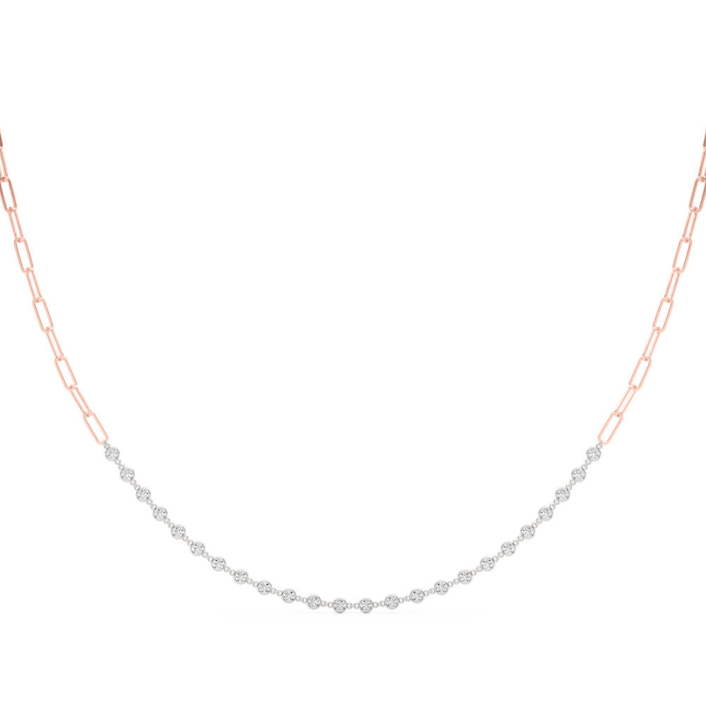 Rose gold Diamond Round Stone Paperclip Chain Necklace with Bezel Setting