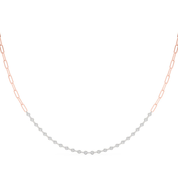 Rose gold Diamond Round Stone Paperclip Chain Necklace with Bezel Setting