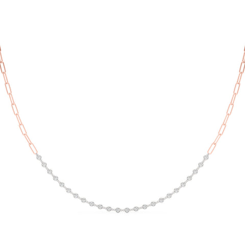 Rose gold Diamond Round Stone Paperclip Chain Necklace with Bezel Setting