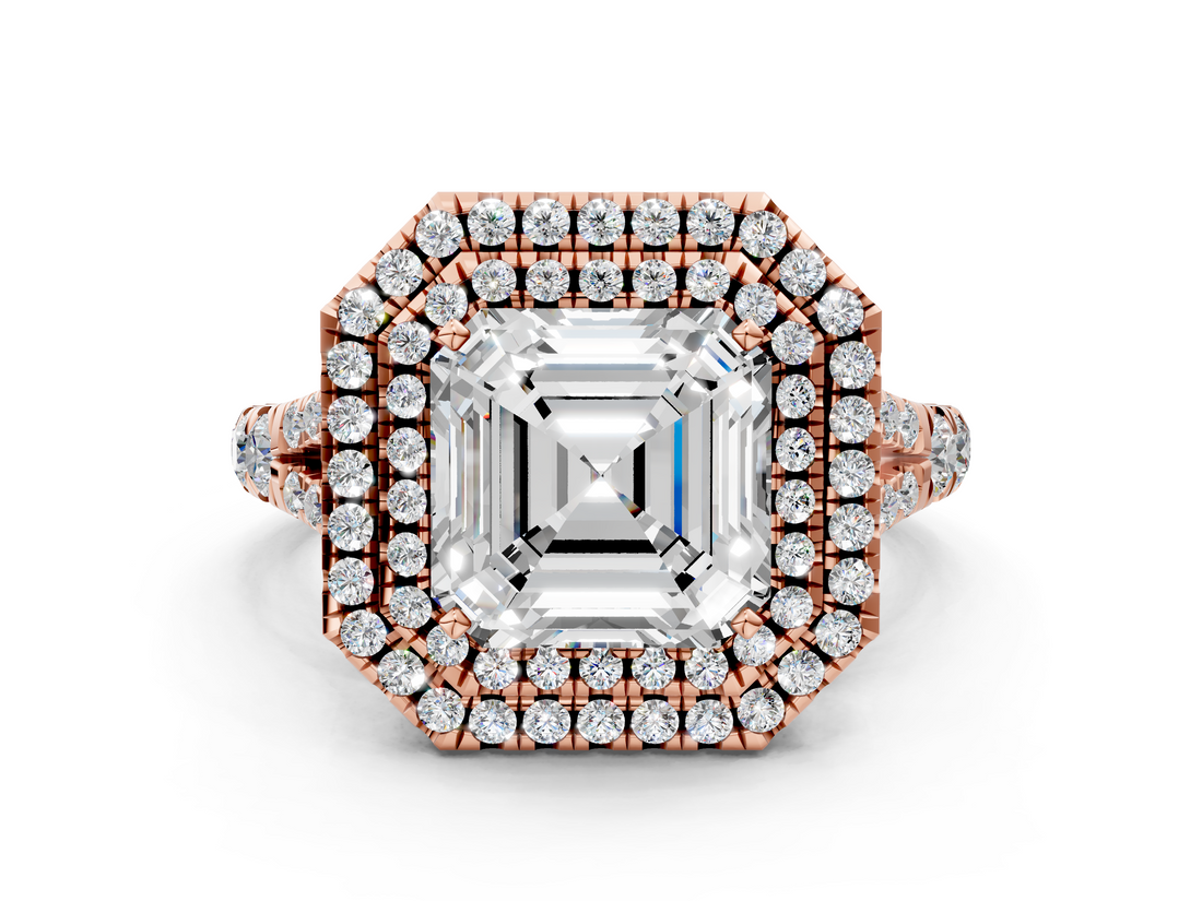 Rose gold Double Halo Asscher Cut Diamond Split Shank Ring with Four Prong Setting_6