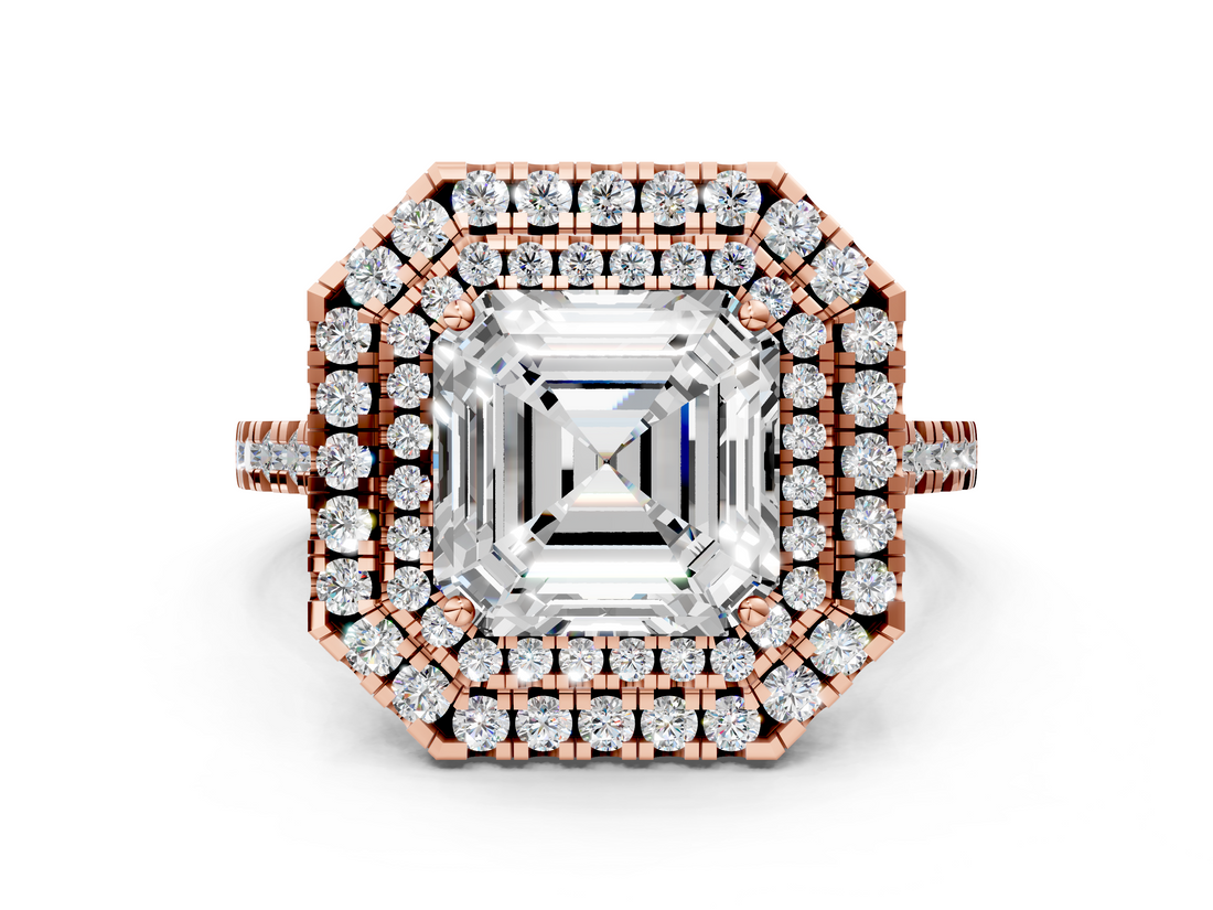 Rose gold Double Halo Asscher Diamond Pave Band with Four-Prong Setting_4