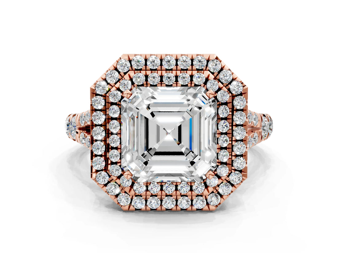 Rose gold Double Halo Asscher-Shaped Split Shank Diamond Ring with Prong Setting_19