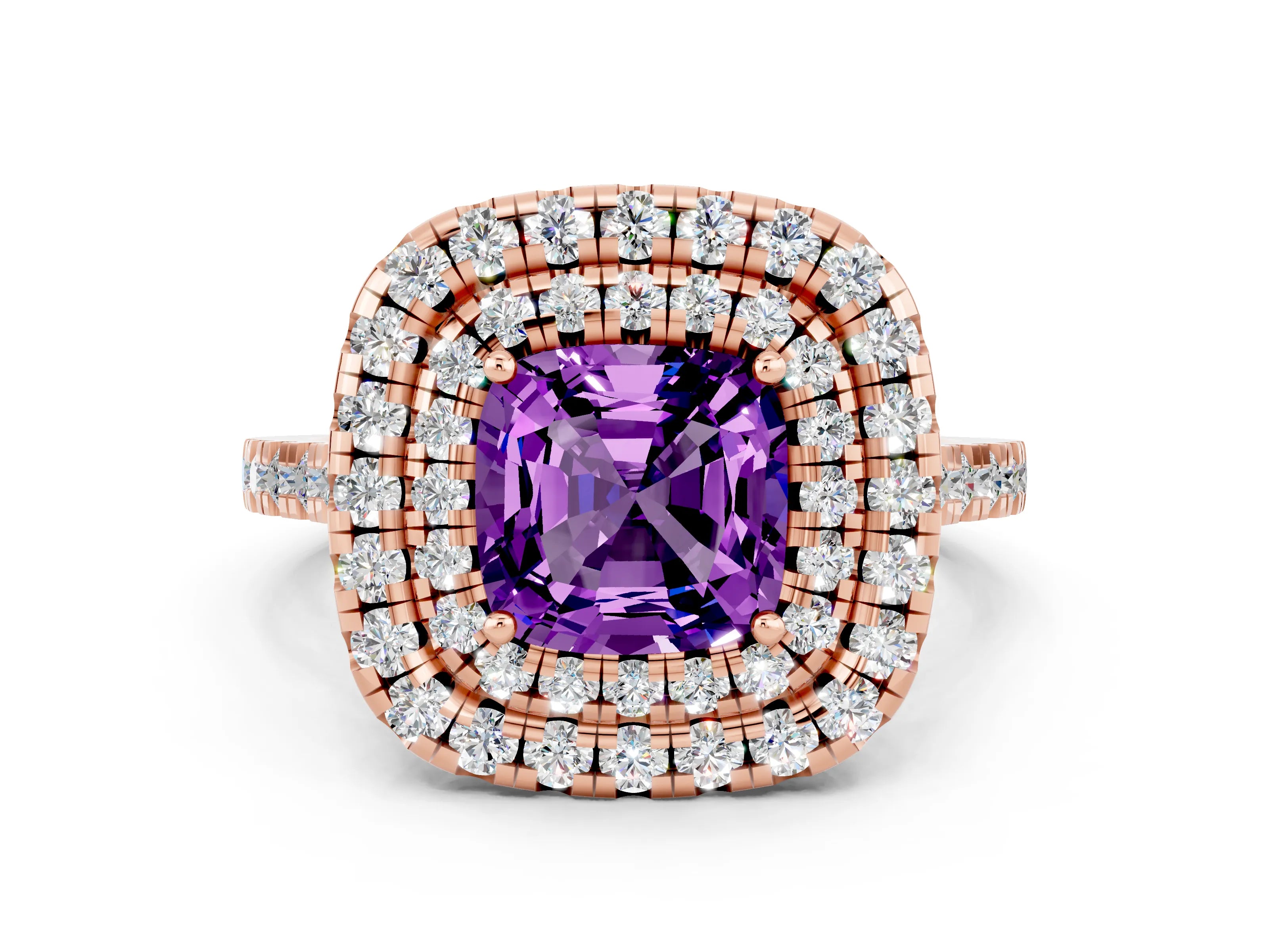 Rose gold Double Halo Cushion Cut Amethyst Pavé Band with Four-Prong Setting