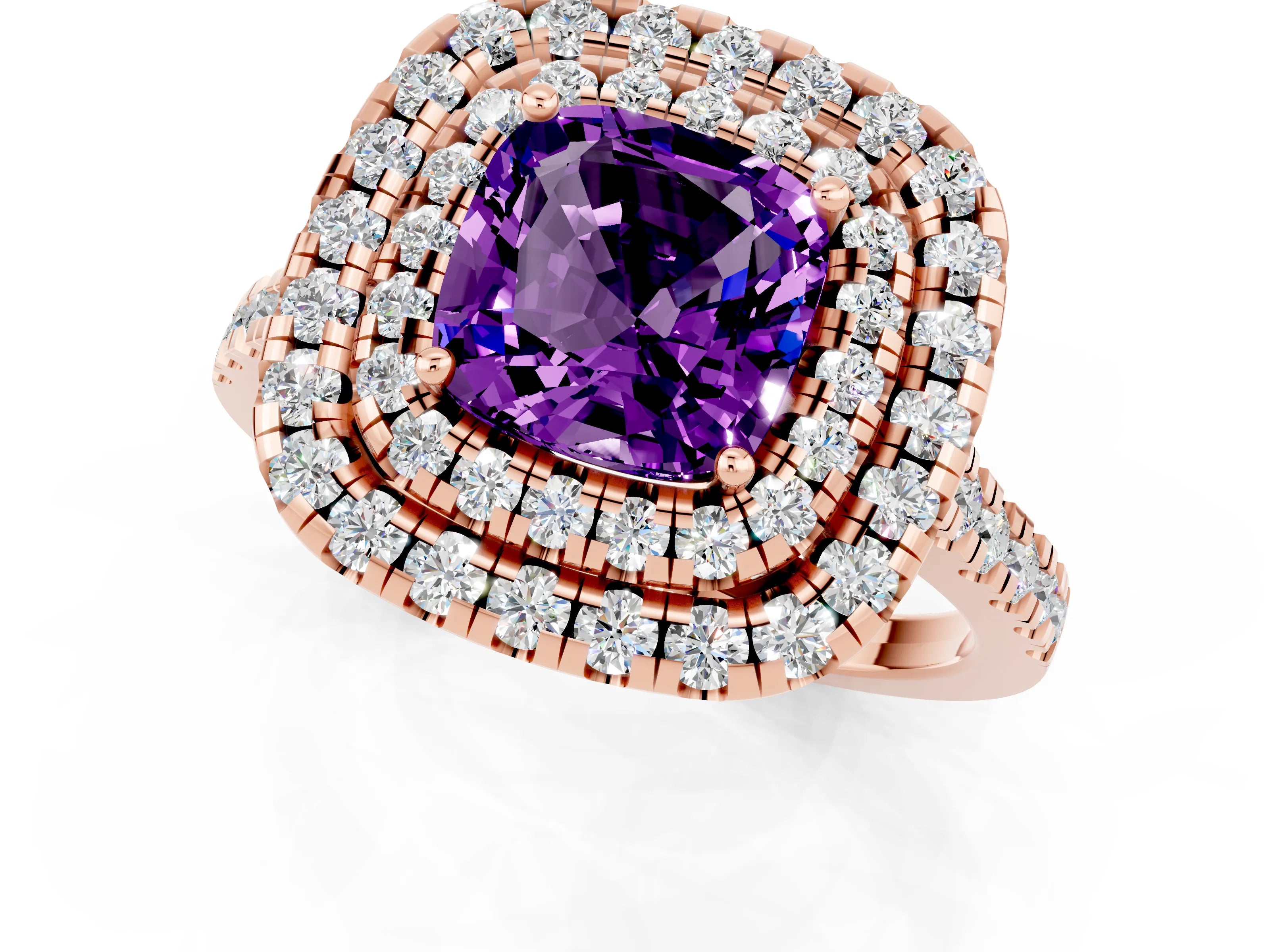 Rose gold Double Halo Cushion Cut Amethyst Pavé Band with Four-Prong Setting_1