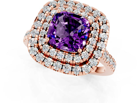 Rose gold Double Halo Cushion Cut Amethyst Pavé Band with Four-Prong Setting_1