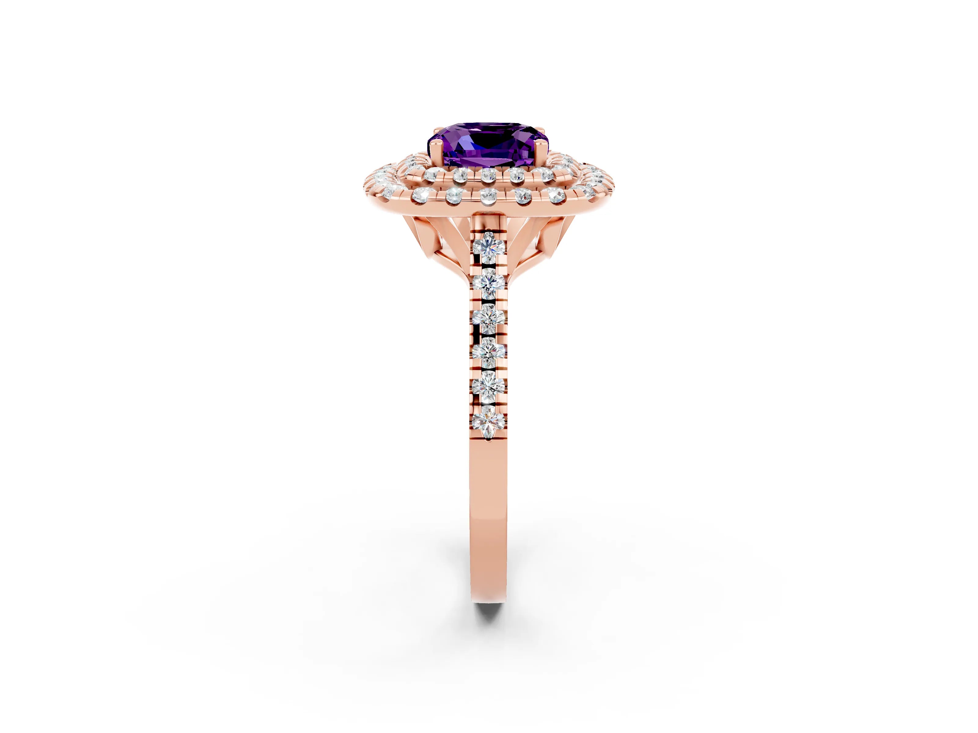 Rose gold Double Halo Cushion Cut Amethyst Pavé Band with Four-Prong Setting_2