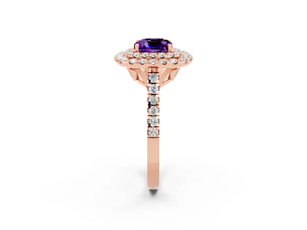 Rose gold Double Halo Cushion Cut Amethyst Pavé Band with Four-Prong Setting