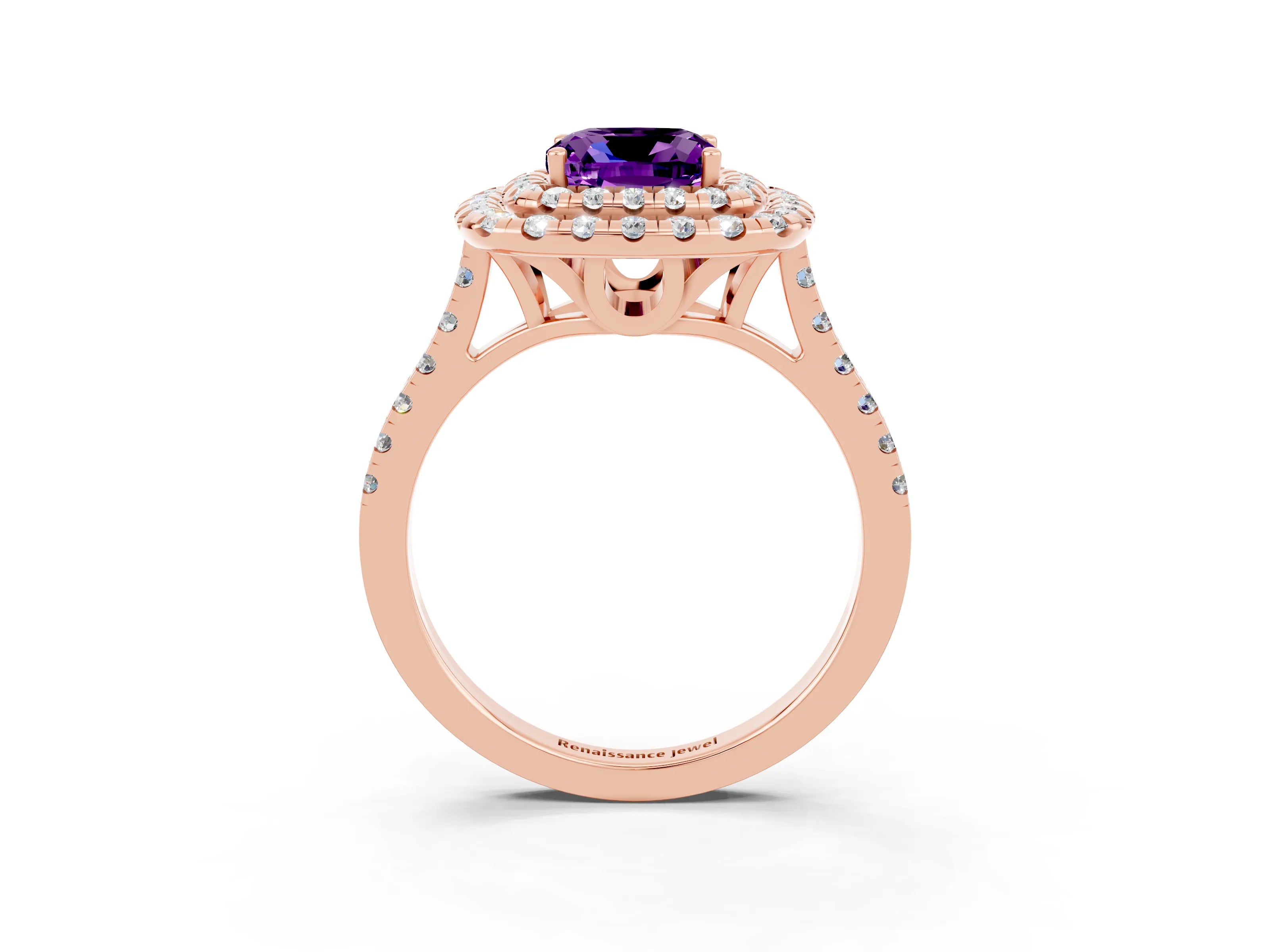 Rose gold Double Halo Cushion Cut Amethyst Pavé Band with Four-Prong Setting_3