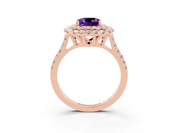 Rose gold Double Halo Cushion Cut Amethyst Pavé Band with Four-Prong Setting