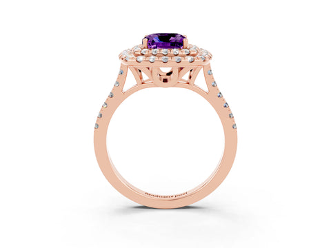 Rose gold Double Halo Cushion Cut Amethyst Pavé Band with Four-Prong Setting_3