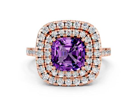 Rose gold Double Halo Cushion Cut Amethyst Pavé Band with Four-Prong Setting