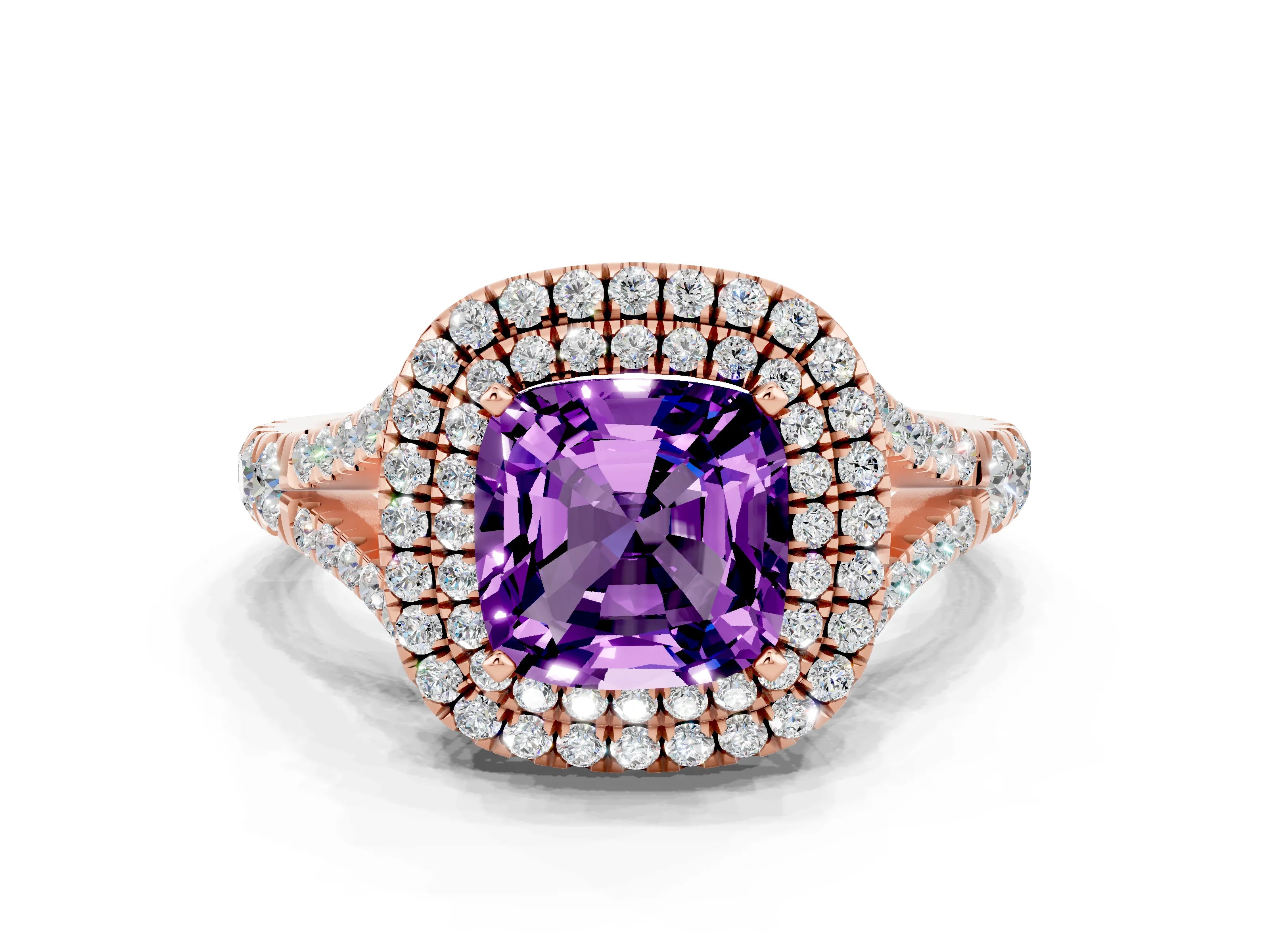 Rose gold Double Halo Cushion Cut Amethyst Pavé Split Shank Ring with Prong Setting
