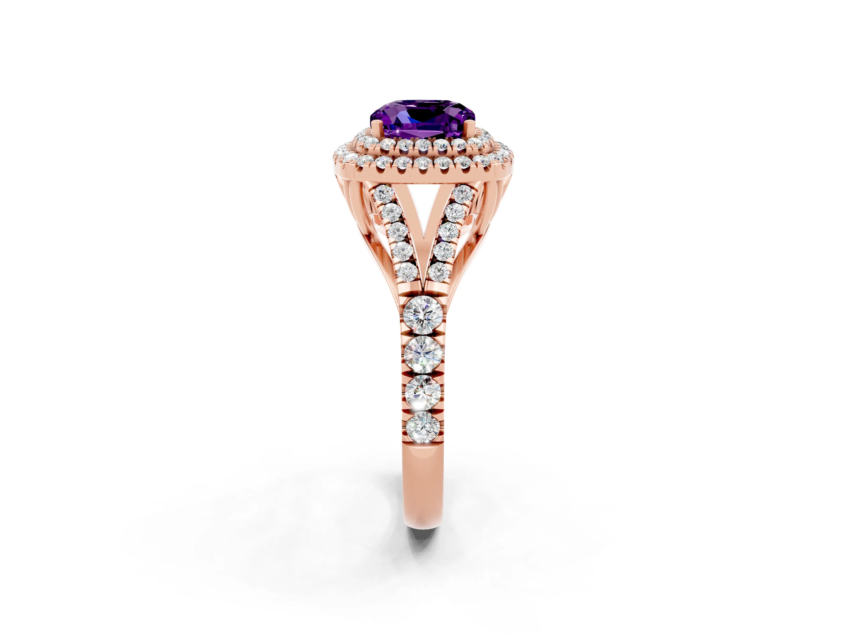 Rose gold Double Halo Cushion Cut Amethyst Pavé Split Shank Ring with Prong Setting_2