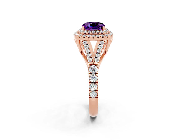Rose gold Double Halo Cushion Cut Amethyst Pavé Split Shank Ring with Prong Setting