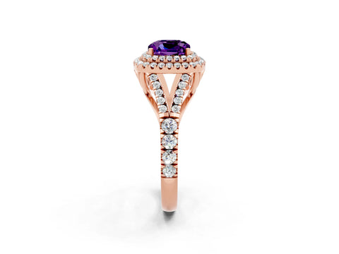 Rose gold Double Halo Cushion Cut Amethyst Pavé Split Shank Ring with Prong Setting_2