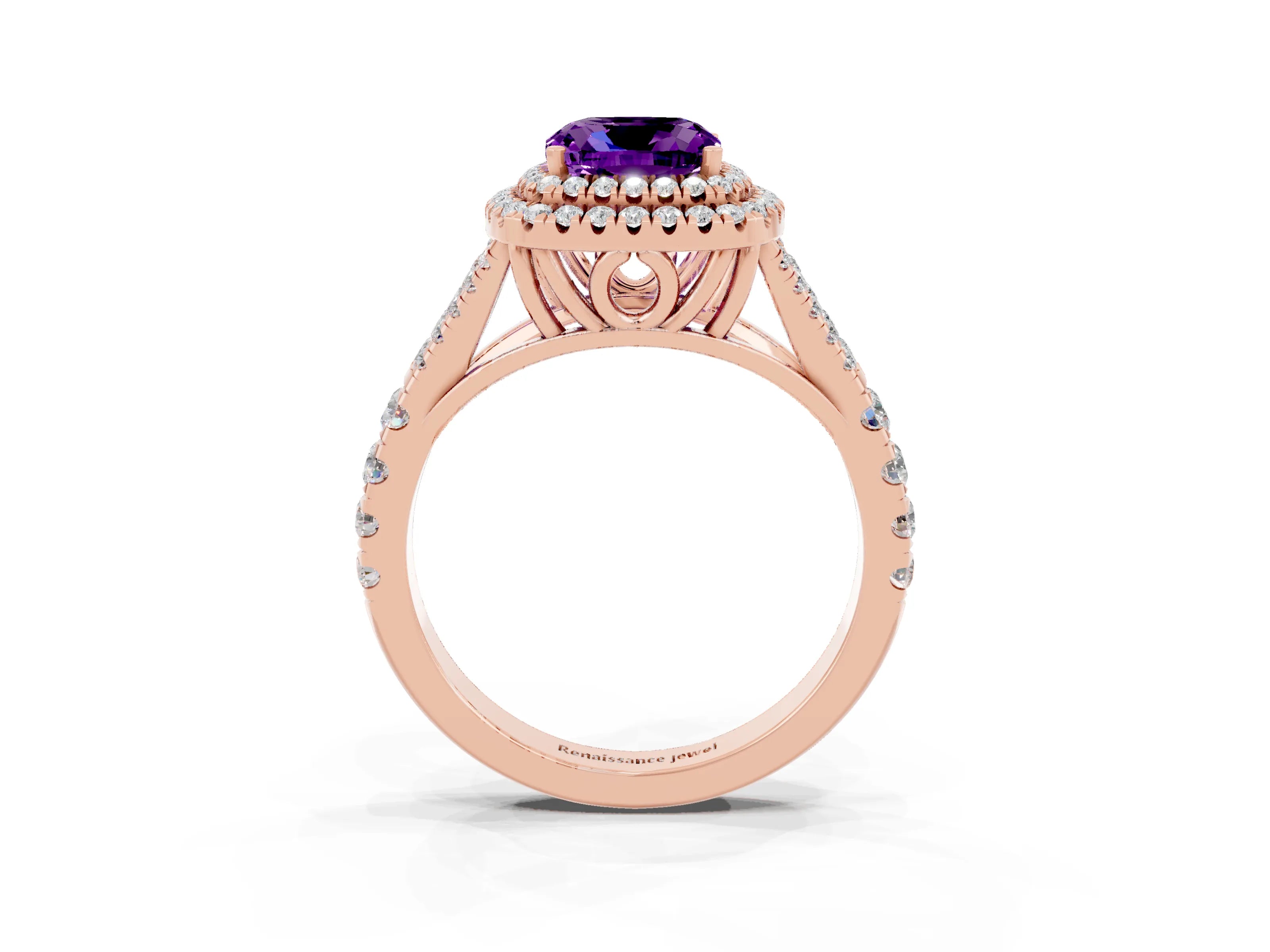 Rose gold Double Halo Cushion Cut Amethyst Pavé Split Shank Ring with Prong Setting_3