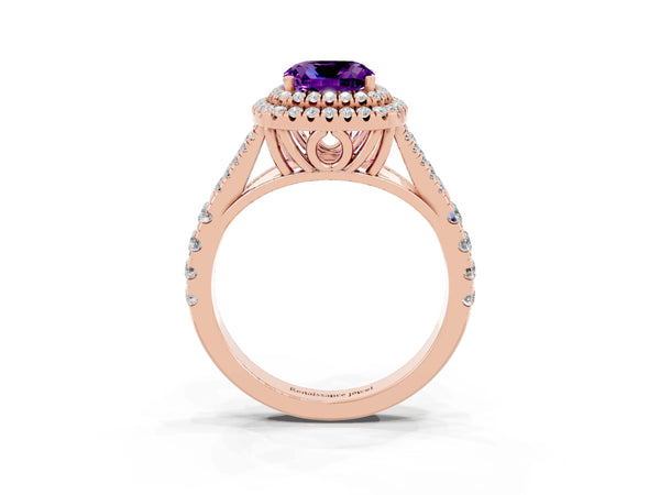 Rose gold Double Halo Cushion Cut Amethyst Pavé Split Shank Ring with Prong Setting