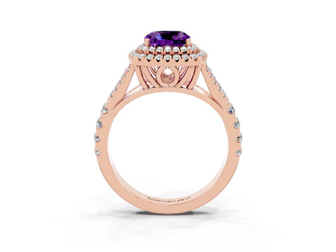 Rose gold Double Halo Cushion Cut Amethyst Pavé Split Shank Ring with Prong Setting_3