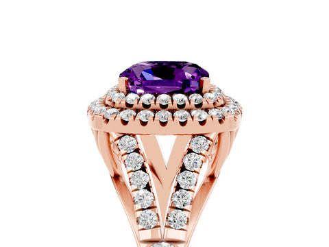 Rose gold Double Halo Cushion Cut Amethyst Pavé Split Shank Ring with Prong Setting_5