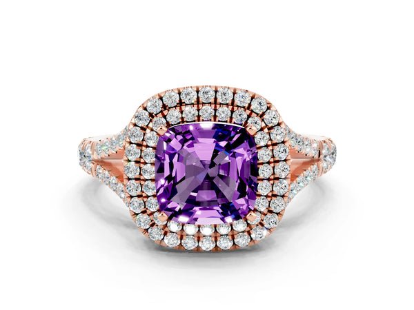 Rose gold Double Halo Cushion Cut Amethyst Split Shank Engagement Ring with Four-Prong Setting