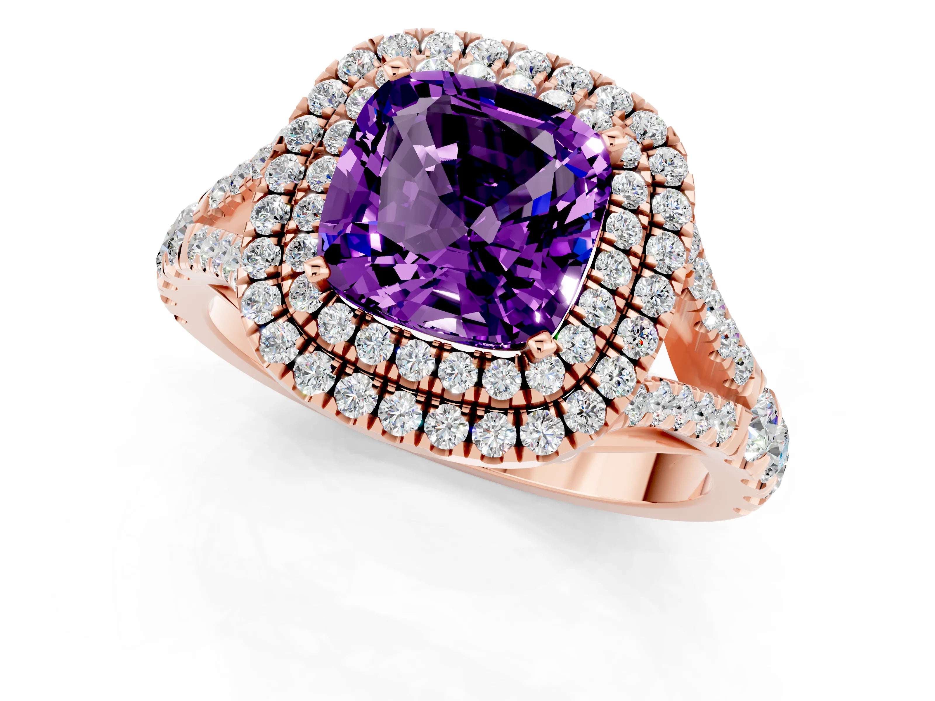Rose gold Double Halo Cushion Cut Amethyst Split Shank Engagement Ring with Four-Prong Setting_1