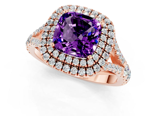 Rose gold Double Halo Cushion Cut Amethyst Split Shank Engagement Ring with Four-Prong Setting