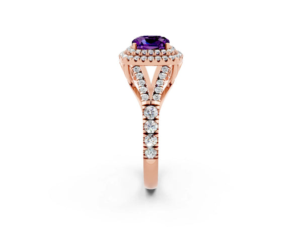 Rose gold Double Halo Cushion Cut Amethyst Split Shank Engagement Ring with Four-Prong Setting