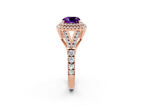 Rose gold Double Halo Cushion Cut Amethyst Split Shank Engagement Ring with Four-Prong Setting_2