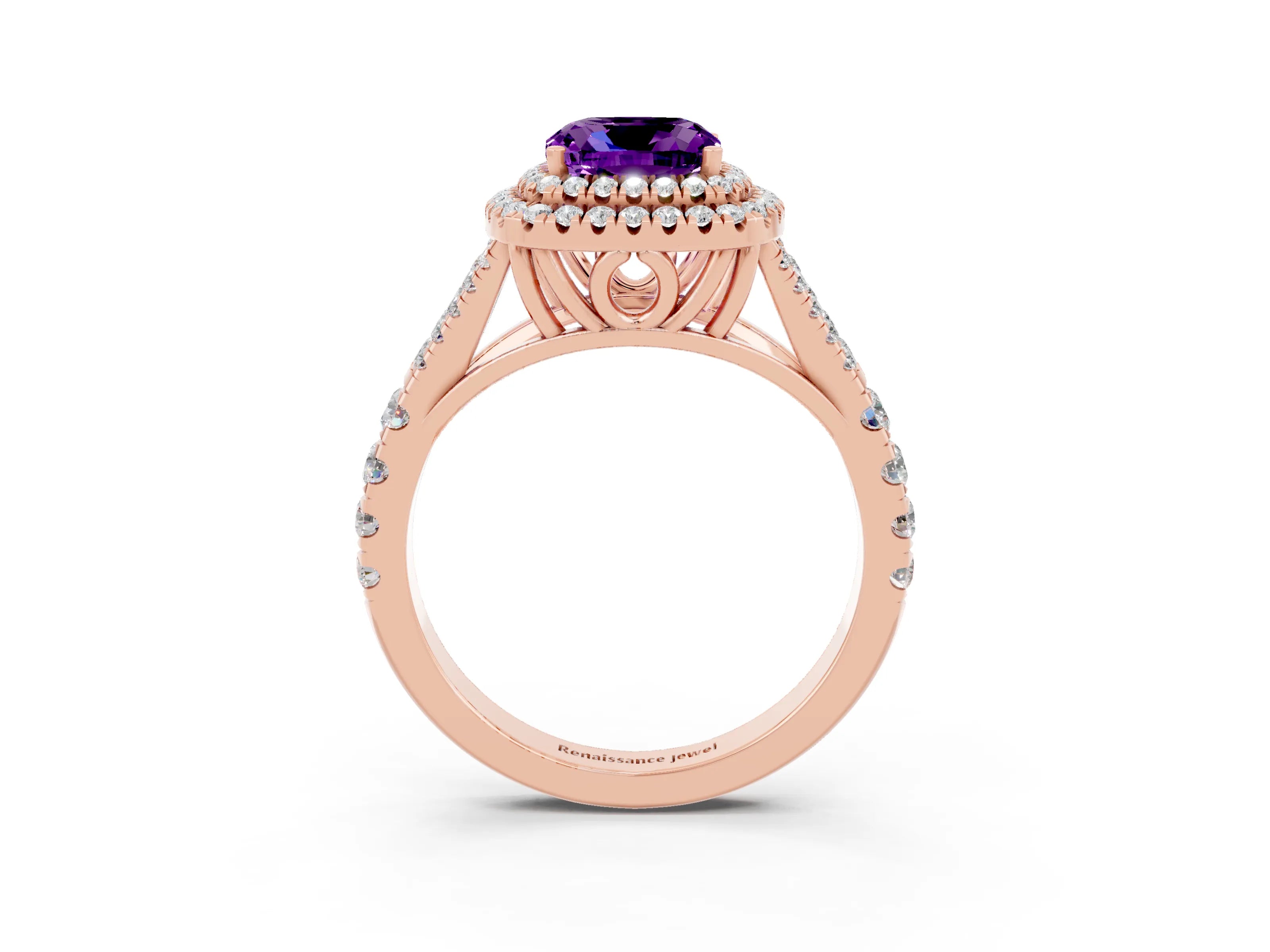 Rose gold Double Halo Cushion Cut Amethyst Split Shank Engagement Ring with Four-Prong Setting_3