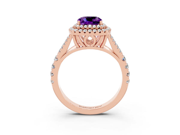 Rose gold Double Halo Cushion Cut Amethyst Split Shank Engagement Ring with Four-Prong Setting