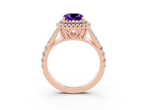Rose gold Double Halo Cushion Cut Amethyst Split Shank Engagement Ring with Four-Prong Setting_3