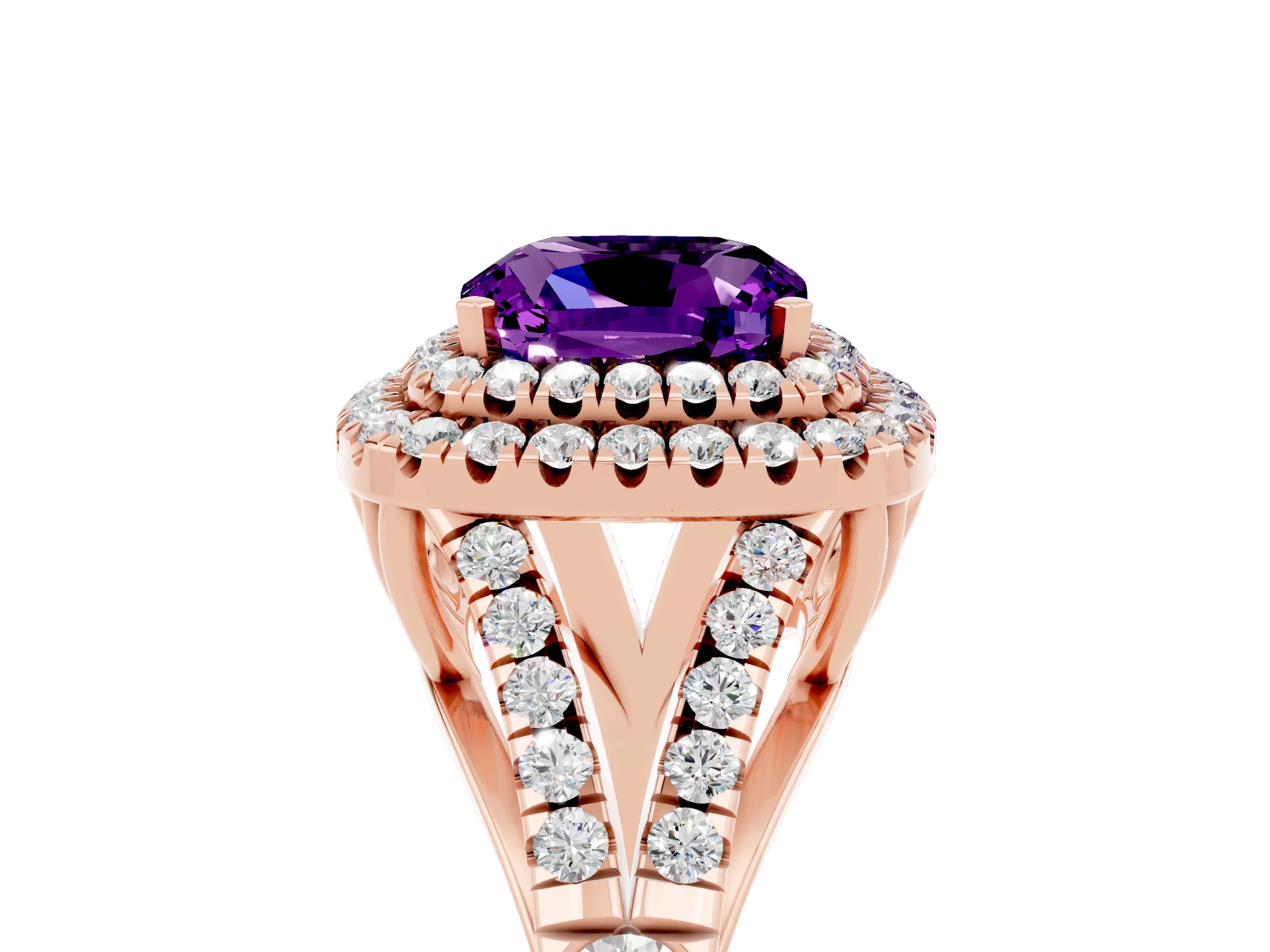 Rose gold Double Halo Cushion Cut Amethyst Split Shank Engagement Ring with Four-Prong Setting_5