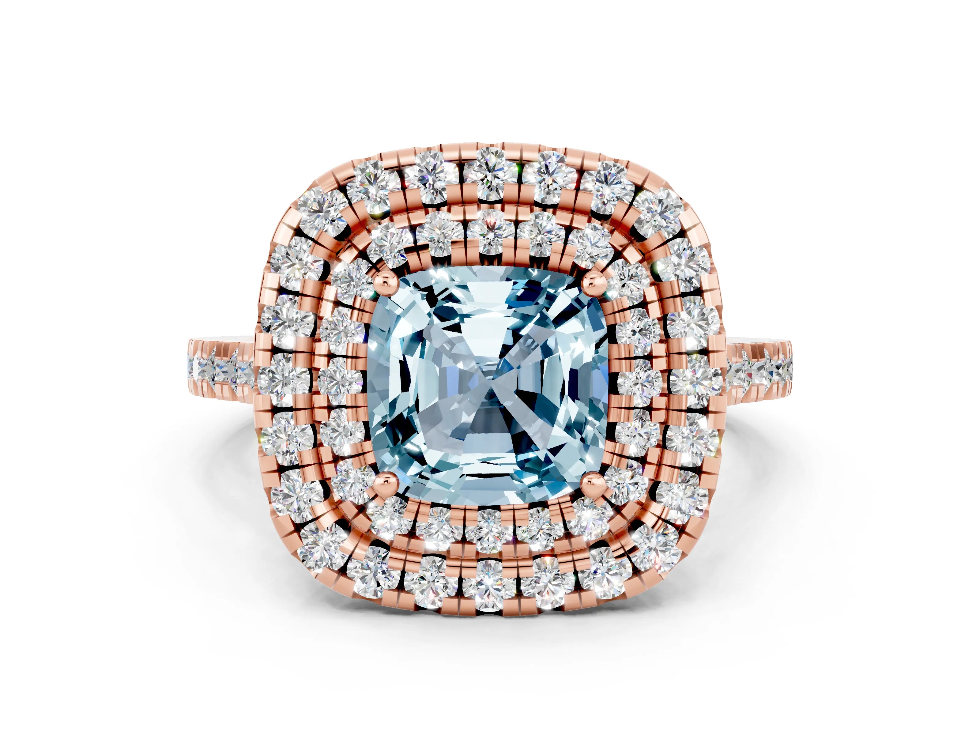 Rose gold Double Halo Cushion Cut Aquamarine Pavé Band with Four-Prong Setting