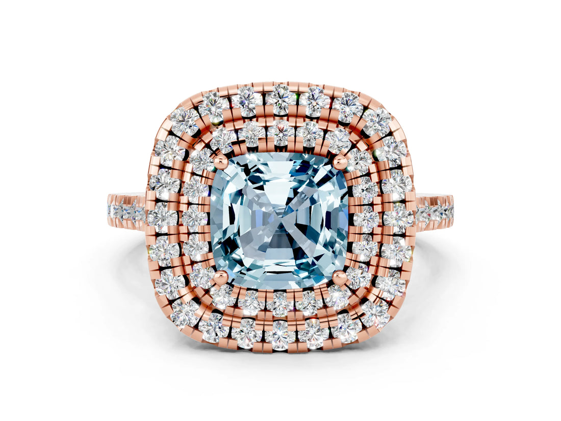 Rose gold Double Halo Cushion Cut Aquamarine Pavé Band with Four-Prong Setting