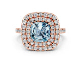 Rose gold Double Halo Cushion Cut Aquamarine Pavé Band with Four-Prong Setting