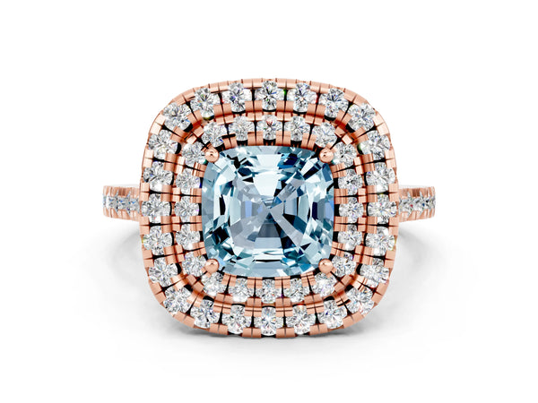 Rose gold Double Halo Cushion Cut Aquamarine Pavé Band with Four-Prong Setting