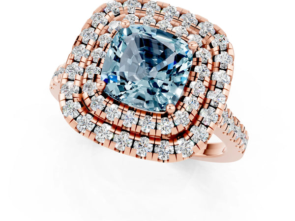 Rose gold Double Halo Cushion Cut Aquamarine Pavé Band with Four-Prong Setting