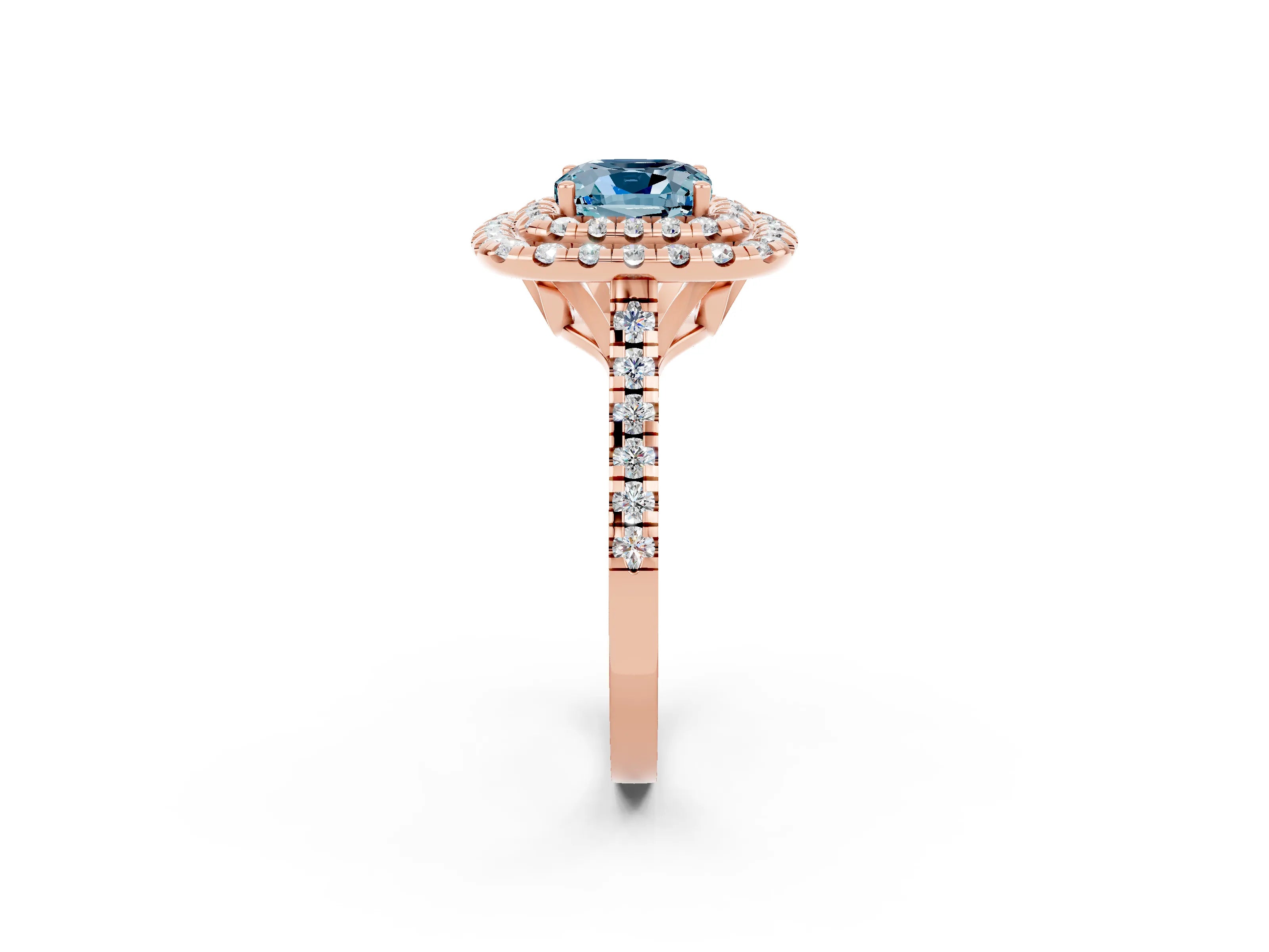 Rose gold Double Halo Cushion Cut Aquamarine Pavé Band with Four-Prong Setting_2