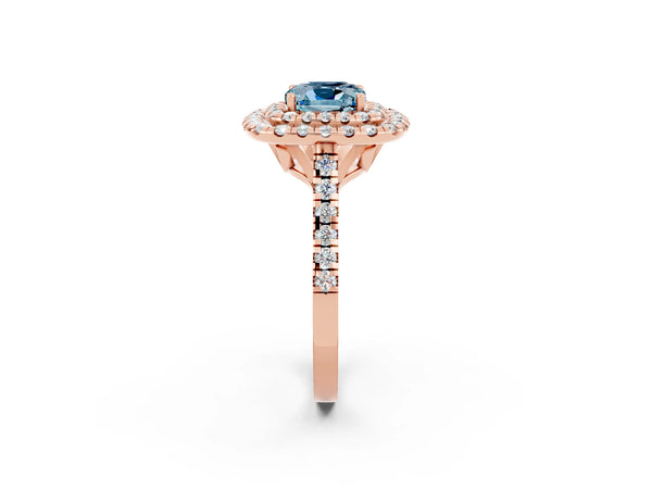 Rose gold Double Halo Cushion Cut Aquamarine Pavé Band with Four-Prong Setting