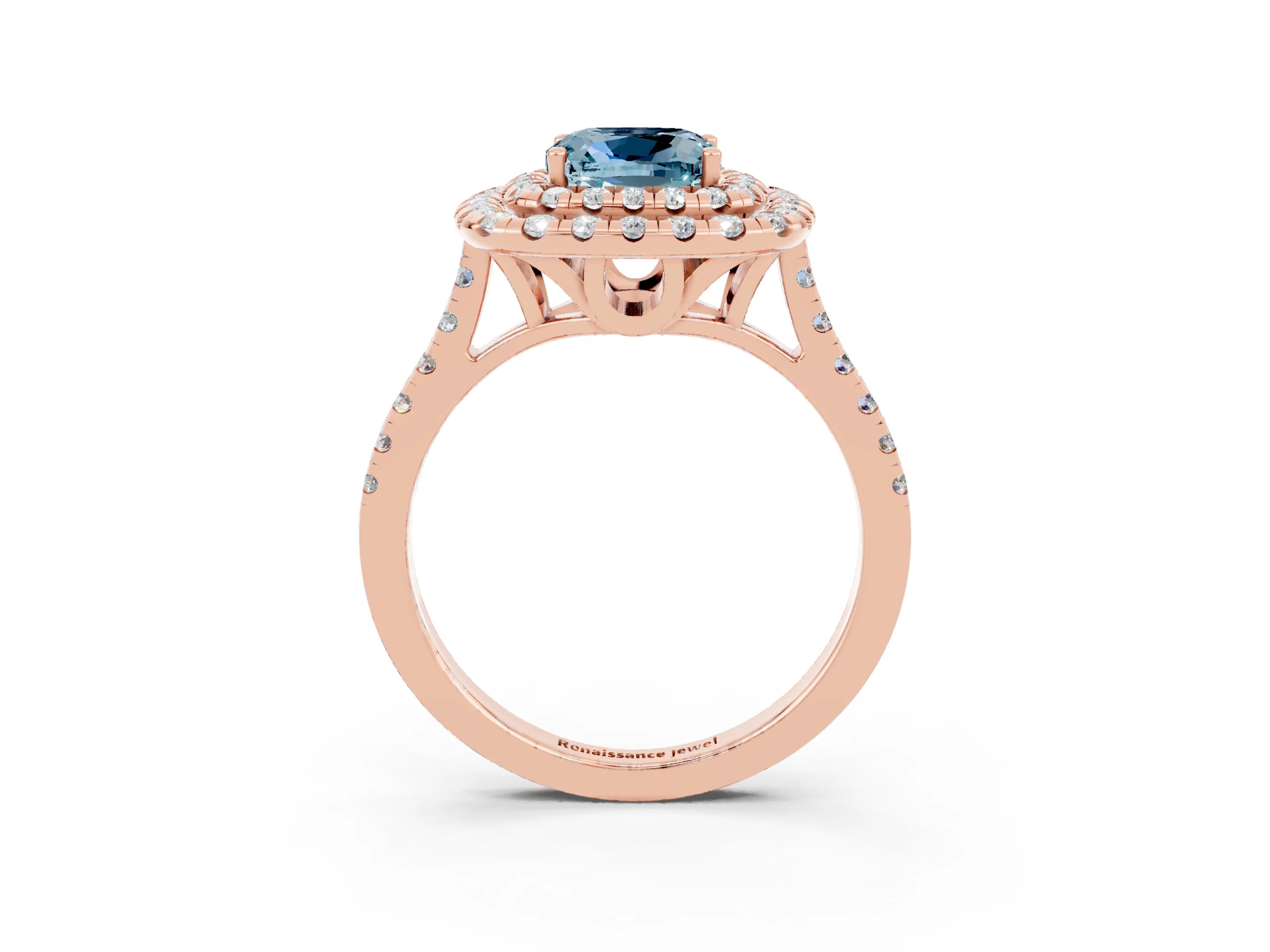 Rose gold Double Halo Cushion Cut Aquamarine Pavé Band with Four-Prong Setting_3