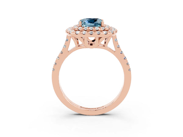 Rose gold Double Halo Cushion Cut Aquamarine Pavé Band with Four-Prong Setting