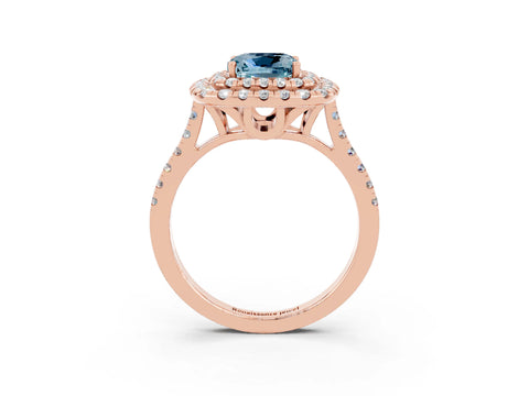 Rose gold Double Halo Cushion Cut Aquamarine Pavé Band with Four-Prong Setting_3