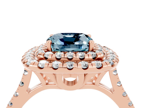 Rose gold Double Halo Cushion Cut Aquamarine Pavé Band with Four-Prong Setting_4