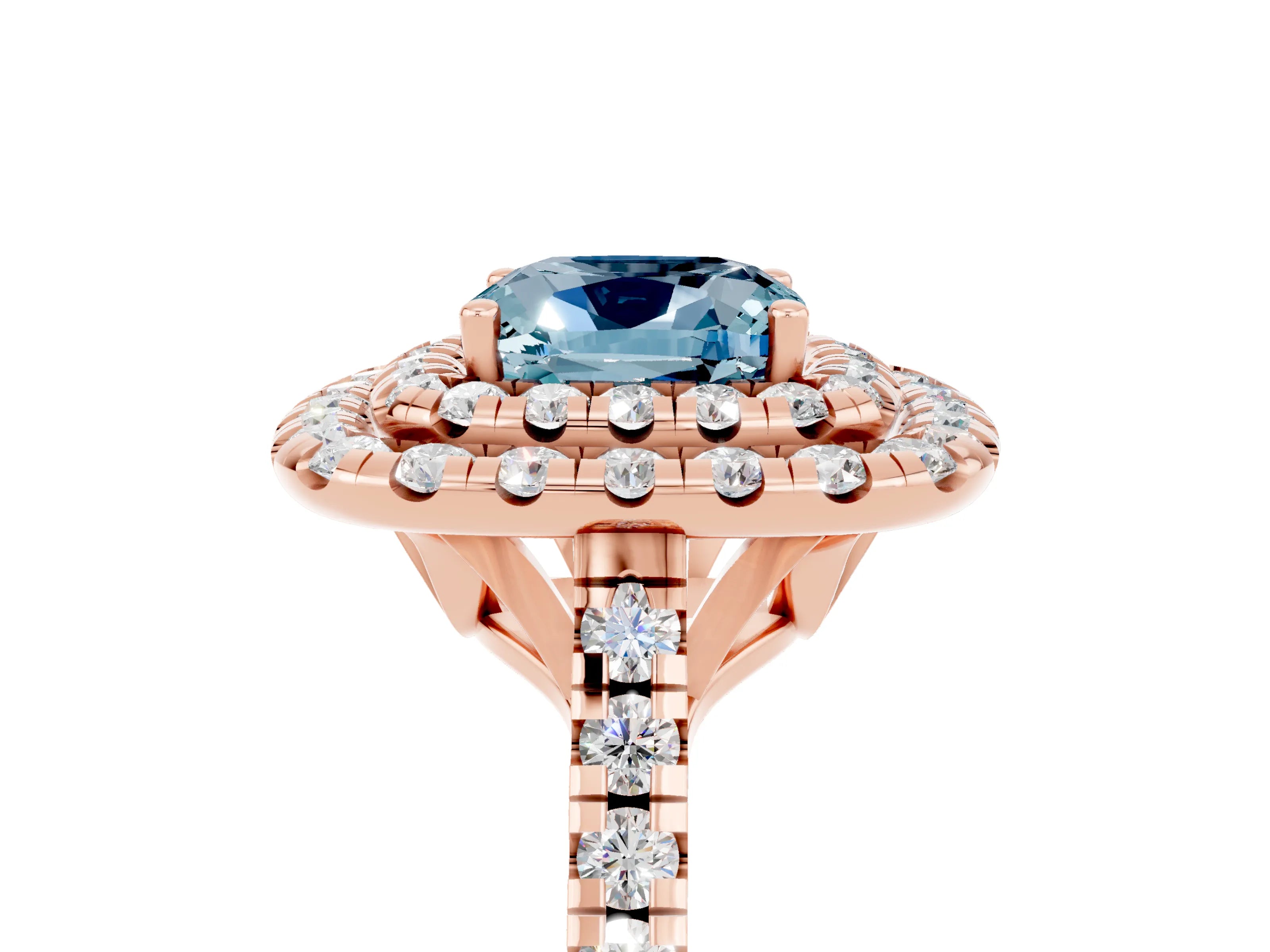 Rose gold Double Halo Cushion Cut Aquamarine Pavé Band with Four-Prong Setting_5