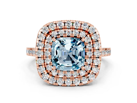 Rose gold Double Halo Cushion Cut Aquamarine Pavé Band with Four-Prong Setting