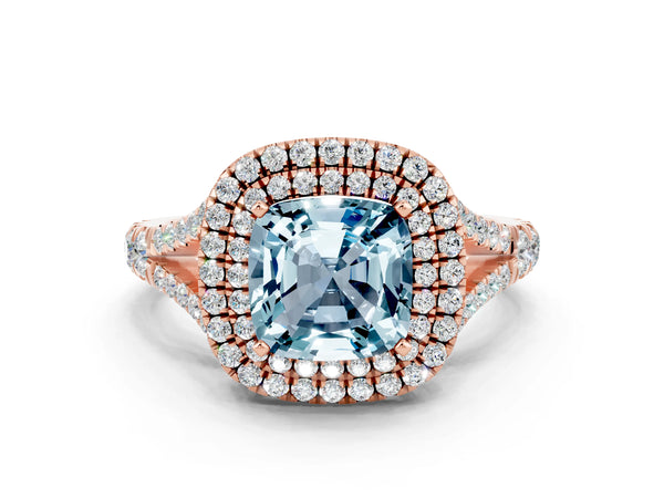 Rose gold Double Halo Cushion Cut Aquamarine Pavé Split Shank Ring with Prong Setting