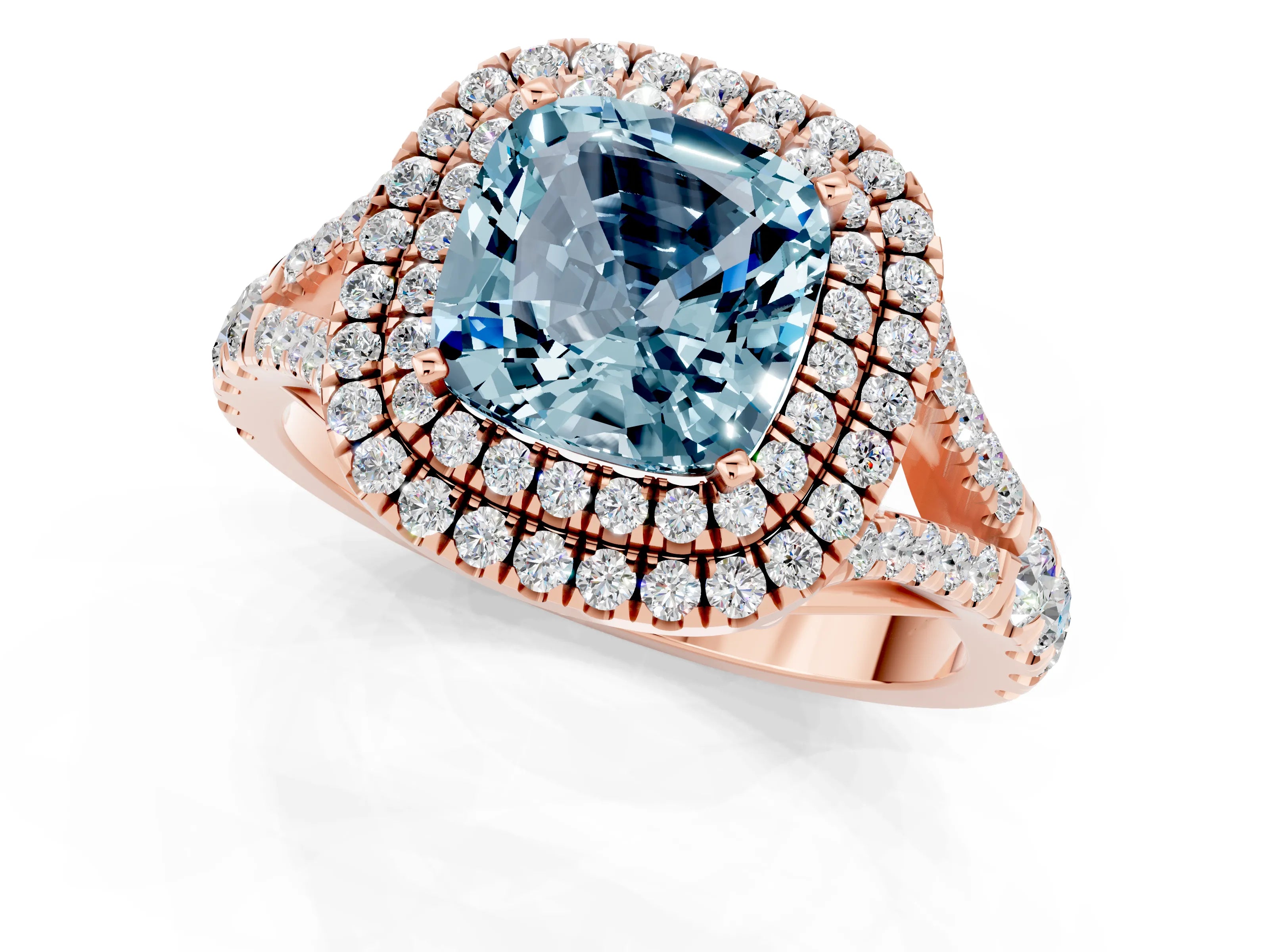 Rose gold Double Halo Cushion Cut Aquamarine Pavé Split Shank Ring with Prong Setting_1