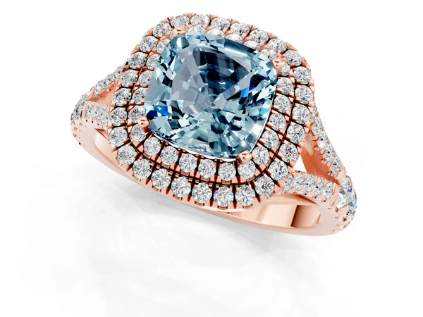 Rose gold Double Halo Cushion Cut Aquamarine Pavé Split Shank Ring with Prong Setting