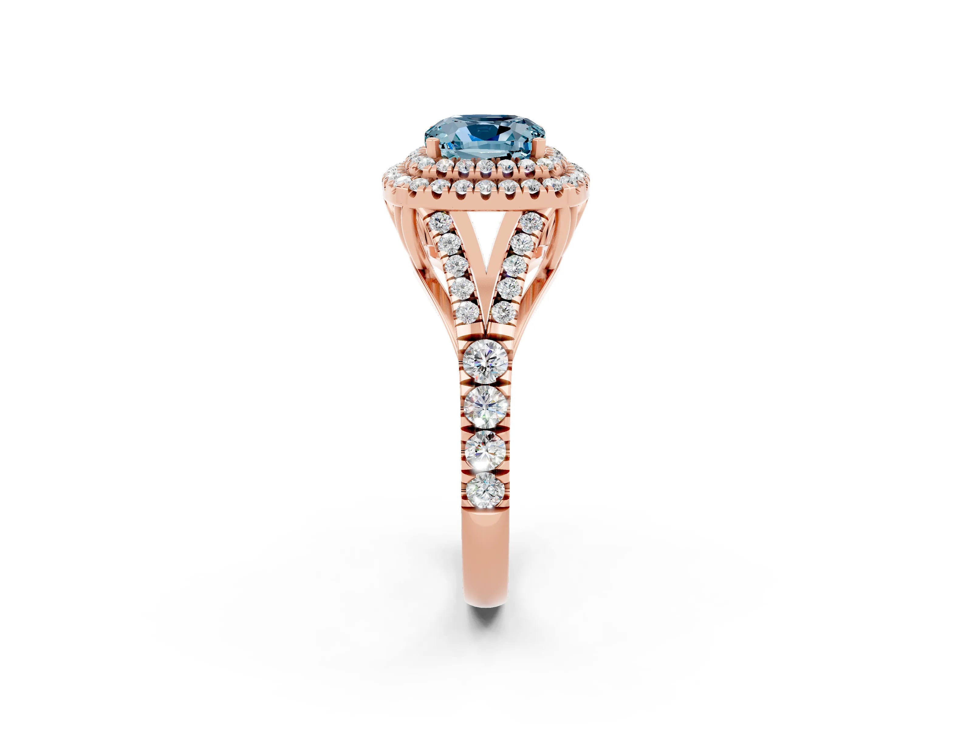 Rose gold Double Halo Cushion Cut Aquamarine Pavé Split Shank Ring with Prong Setting_2