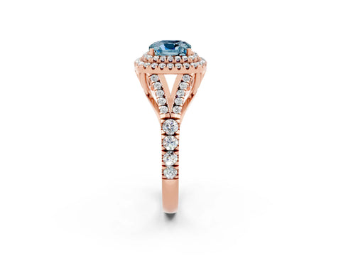 Rose gold Double Halo Cushion Cut Aquamarine Pavé Split Shank Ring with Prong Setting_2